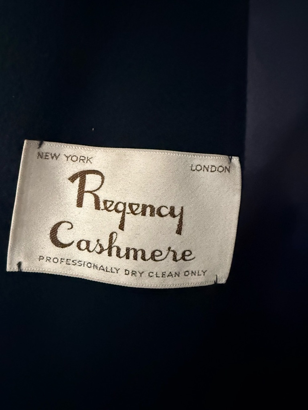 Regency Cashmere Cream Label with Brown Script on Navy